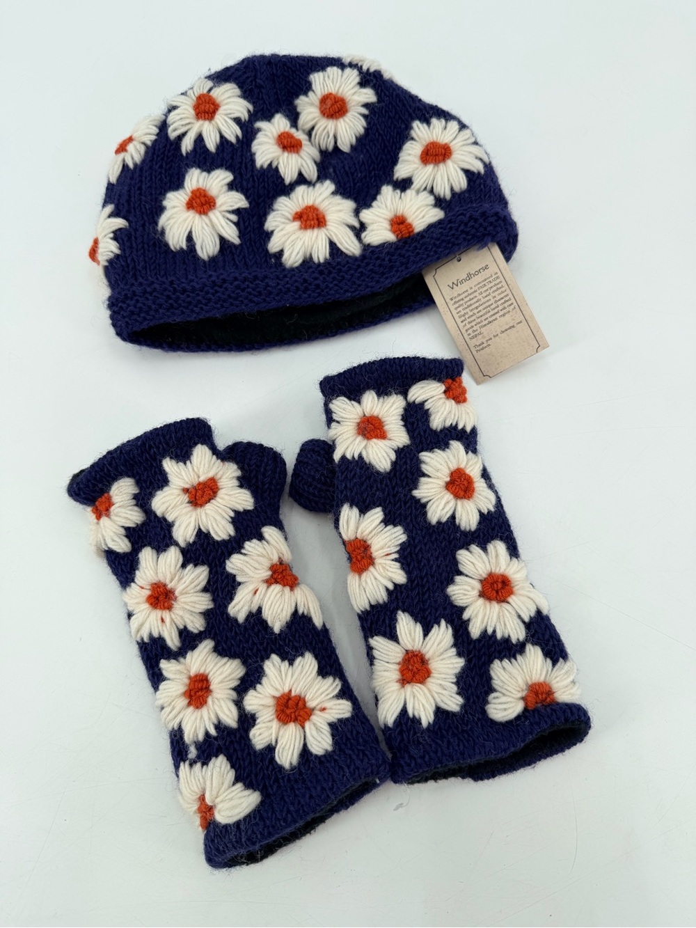 Windhorse 100% Wool Blue Flower Knit Hat and Fingerless Gloves NEW